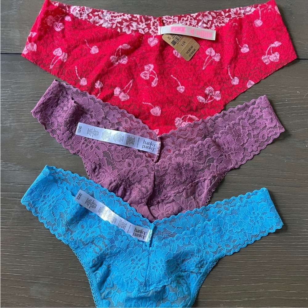 Stretch Lace Thong Bundle - 1 PINK pair and 2 Hanky Panky pairs